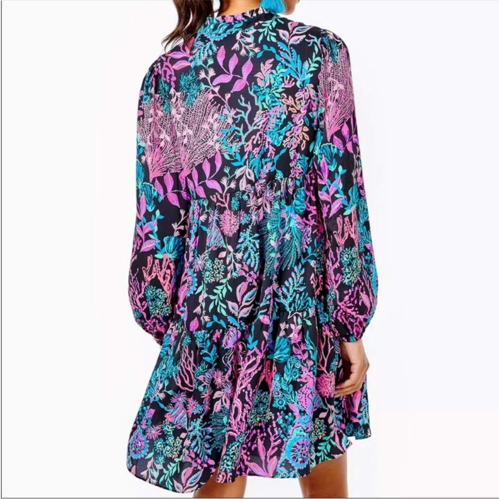 Lilly Pulitzer Black Mini Dress with Pink & Teal Floral Print - Picture 3 of 7